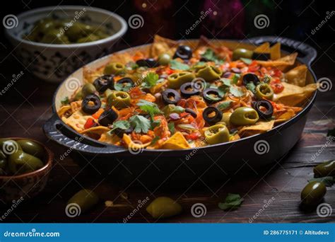 Baked Nachos Garnished with Jalapenos and Olives Stock Illustration ...