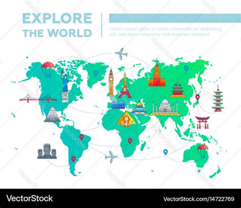 Explore world - map with famous landmarks Vector Image