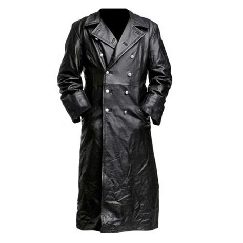 YCAMEL Men's german classic ww2 military uniform officer black real leather trench coat men ...