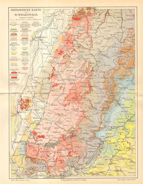 1896 BLACK FOREST Antique Geological Map, Schwarzwald, Germany, Geologic Periods, Rock and Soil ...