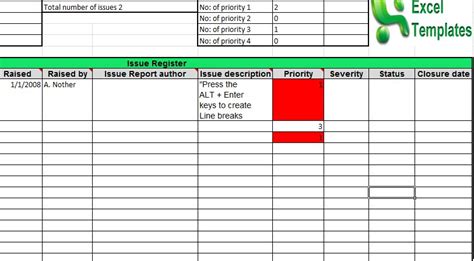 Issue Log Template Excel