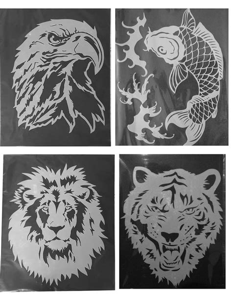 4 Animals Laser Cut Airbrush Mylar Stencil for Artists, Designer and to Work on T Shirt, Textile ...