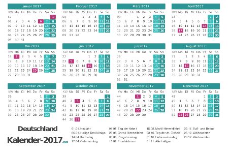 KALENDER 2017 mit Feiertagen & Ferien