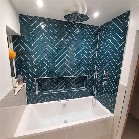 Herringbone, peacock tiles, topps tiles, Smith&westonbathrooms | Bathroom interior, Blue ...