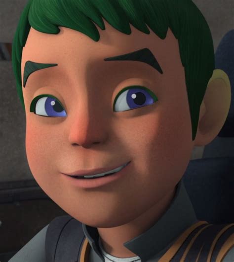 an animated character with green hair and blue eyes