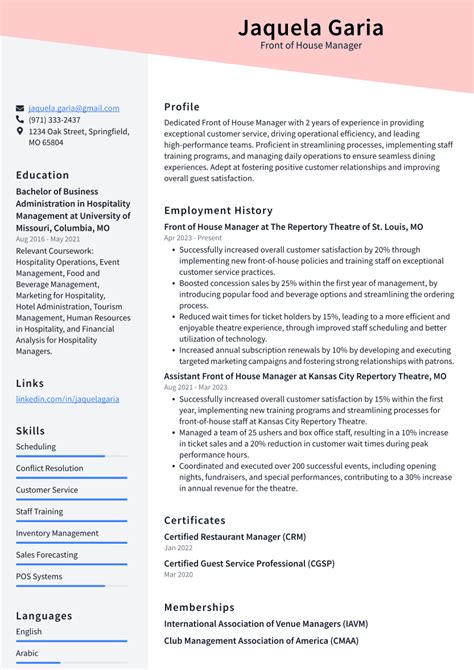 Front of House Manager Resume Examples and Templates