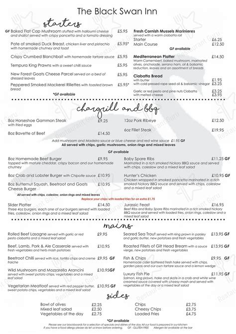 Menu at Black Swan Inn pub & bar, Swanage