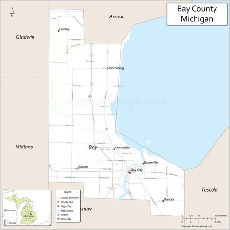 Map of Bay County, Michigan showing cities, highways & important places ...