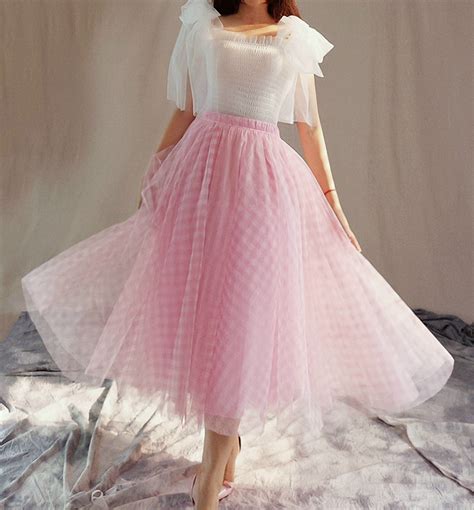 Women Pink Plaid Skirt A Line Long Plaid Skirt Pink Tulle Skirt - Women's Clothing