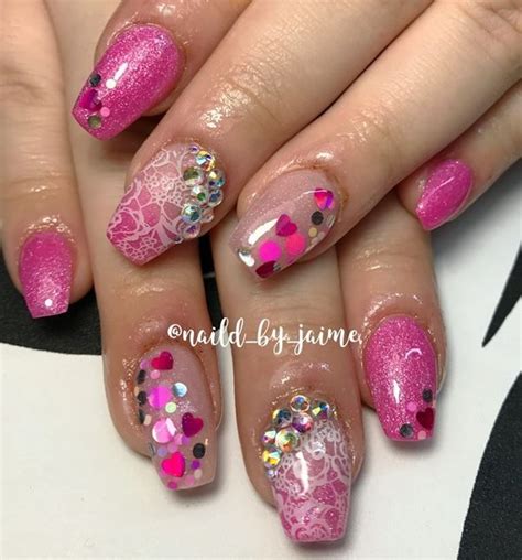 Pink glitter hearts and shiny bling for Valentine's Day | Fancy nails, Pink nails, Valentine bling