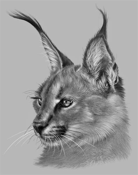 Dibujar El Retrato De Un Caracal. Gato Grande Salvaje Sobre Gris ...