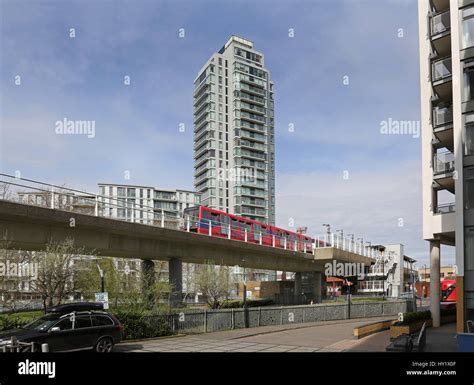 Deptford Bridge Station on London's Docklands Light Railway. Tracks span the A2 London to Dover ...