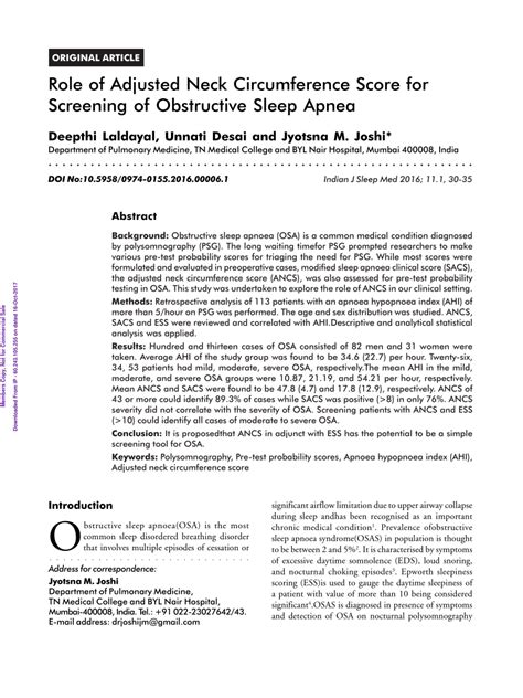 (PDF) Role of Adjusted Neck Circumference Score for Screening of Obstructive Sleep Apnea