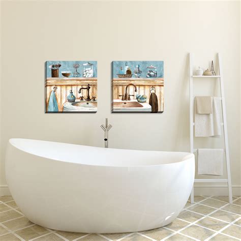 Gango Home Decor Classic Bathroom Wall Art; Two Blue 16x16in Hand-Stretched Canvases - Walmart.com