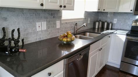 Caesarstone Piatra Grey Quartz Countertop with Carrara Marble Subway Tile - Classique Chic ...