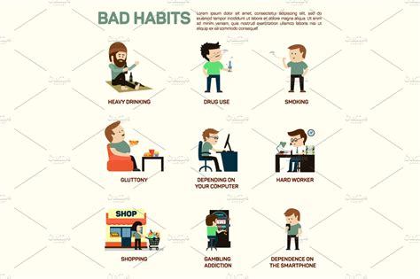 Infographic of popular bad habits | Icons ~ Creative Market