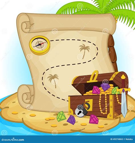 Treasure Map And Treasure Chest On Island Cartoon Vector ...