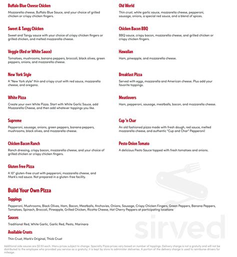 Mark's Pizzeria menu in Hamlin, New York, USA