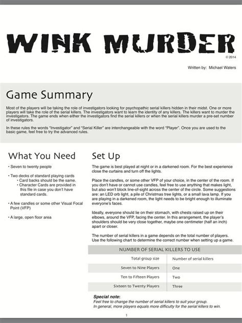 WINK MURDER Party Game Rules pdf Digital Download