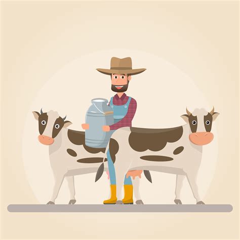 farmer cartoon character with milk cow in organic rural farm 426610 Vector Art at Vecteezy