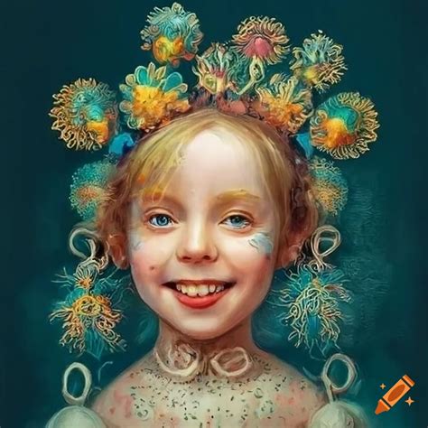 Oil painting of smiling girls with intricate haeckel structures
