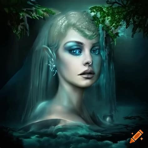 Illustration of a water nymph in a waterfall