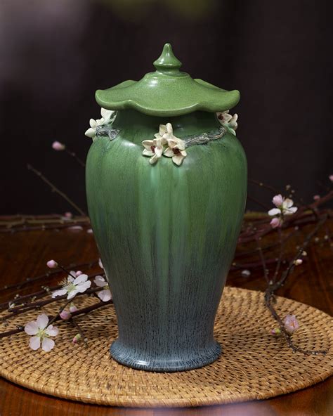 Lidded Cherry Blossom Ceramic Pottery Jar