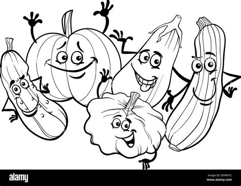 Black and White Cartoon Illustration of Funny Cucurbits Vegetables Stock Vector Art ...