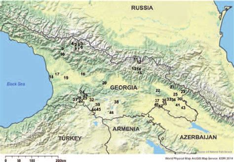 Physical map of Georgia with adjacent countries, showing the Greater ...