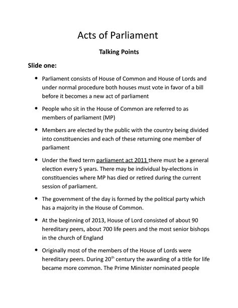 Acts of Parliament - law - Acts of Parliament Talking Points Slide one: Parliament consists of ...