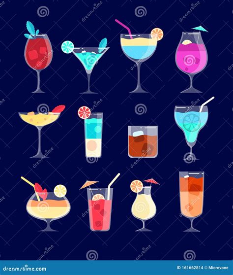 Cocktail Set. Iced Alcohol Drinks in Glasses with Straw, Lemon Stock Vector - Illustration of ...