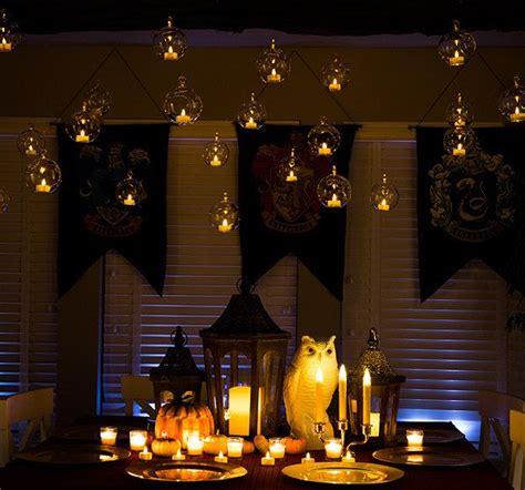 Create a DIY Great Hall by hanging electric tea lights in transparent globes. | Harry potter ...