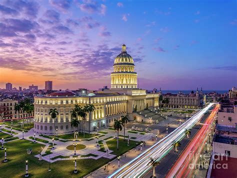 El Capitolio and Paseo del Prado at dusk, elevated view, Havana, La ...