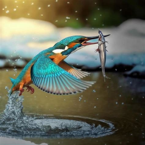 Common European Kingfisher river kingfisher flying after emerging from water with caught fish ...