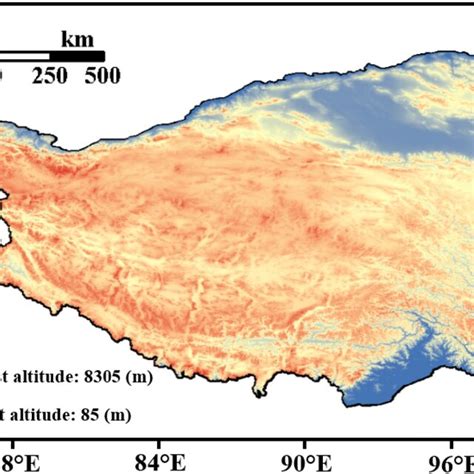 The altitude of the Qinghai-Tibet Plateau. (Software: ArcGIS 10.5 ...