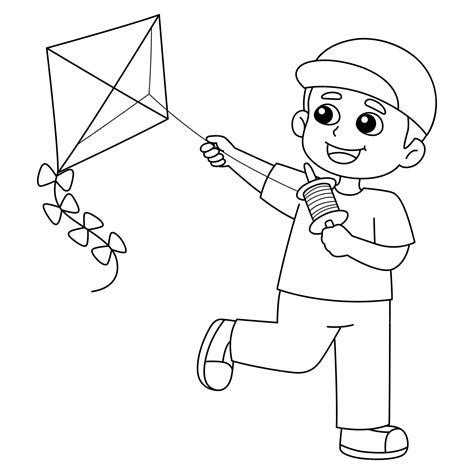 Premium Vector | Spring boy flying a kite isolated coloring page