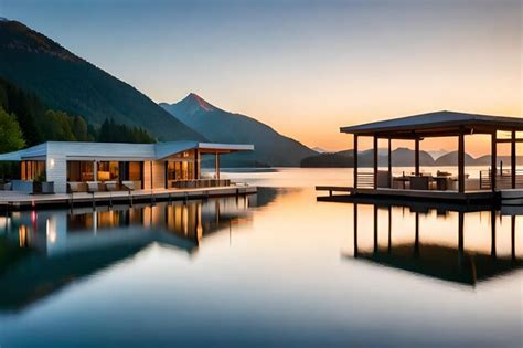 Premium AI Image | A house by the lake with a view of mountains and a lake.