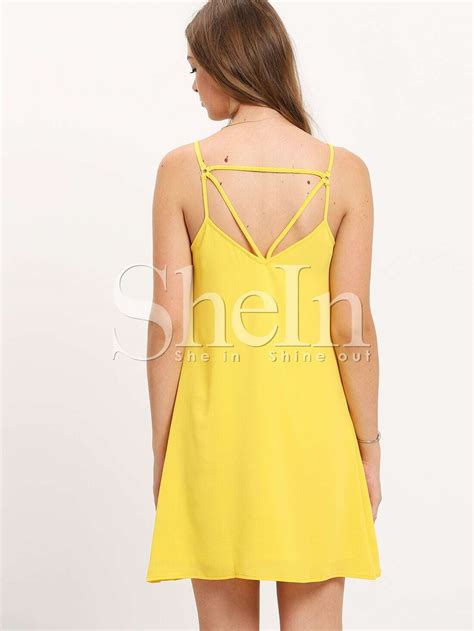 Yellow Backless Spaghetti Strap Dress -SheIn(Sheinside)