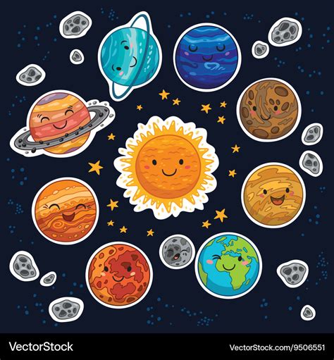 Sticker set of solar system with cartoon planets Vector Image