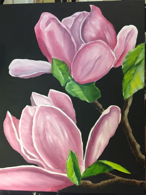 Pink Magnolia oil painting on Black background oil painting | Etsy