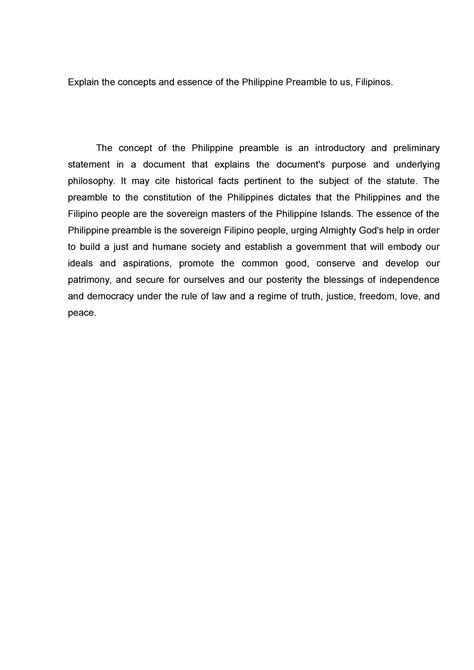 Explain the concepts and essence of the Philippine Preamble to us - The ...