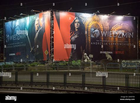 Bilboard with Henry Cavill as Geralt of Rivia and Anya Chalotra as Yennefer of Vengerberg, main ...