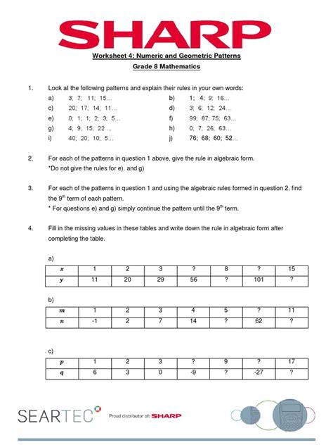 Worksheet 4 Numeric and Geometric Patterns Grade 8 Maths | PDF | Mathematics | Science