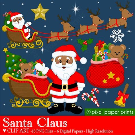 Christmas Clipart Black Santa Claus Clip Art and Digital Paper Set Digital Download Printable - Etsy