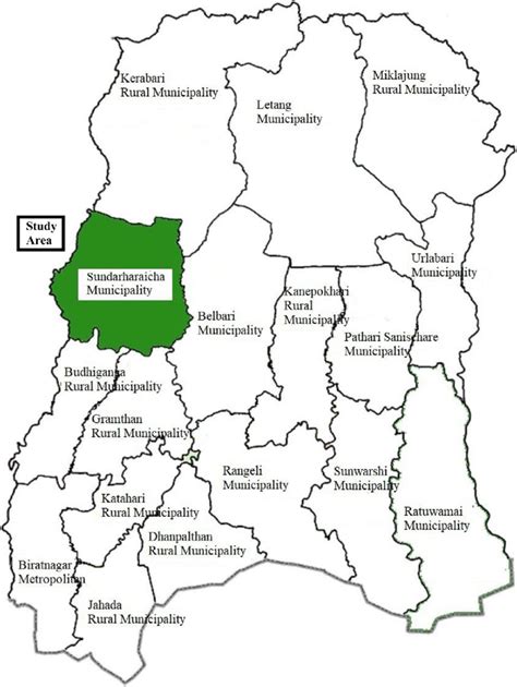 Map of Morang district province 1, Nepal, showing study area (green ...