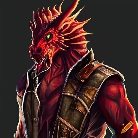 Portrait of a red humanoid dragon with a leather vest in the "dungeons ...