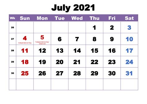 Free Printable July 2021 Calendar Template in PDF & Word