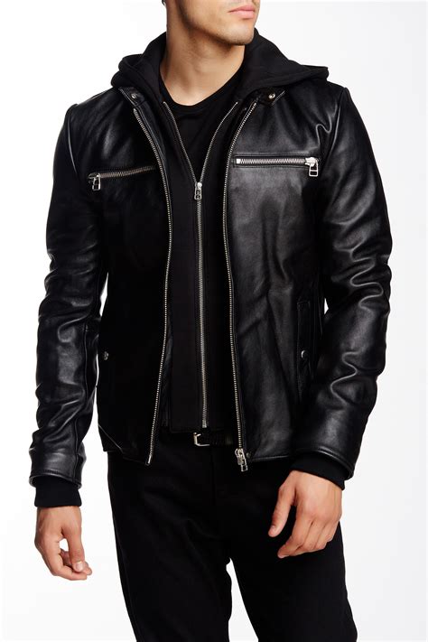 Men Black Detachable Fabric Hooded Leather Jacket, | RebelsMarket