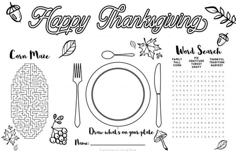 free printable thanksgiving kid placemat activity sheet - Lovely Planner