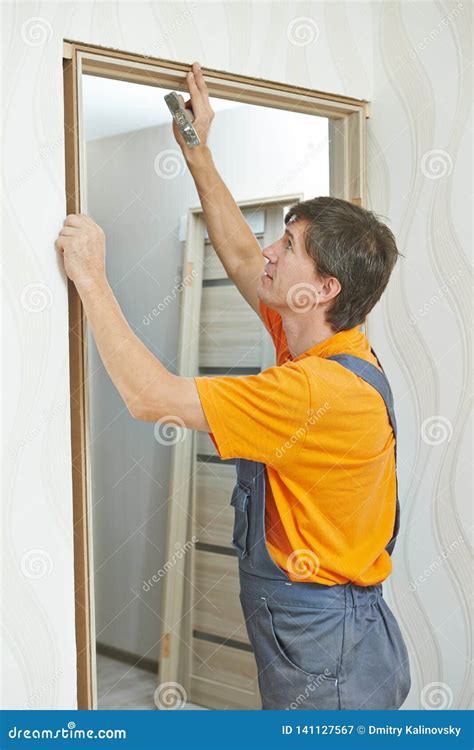 Door Frame Installation. Carpenter Works with Drill Stock Image - Image of installing, people ...